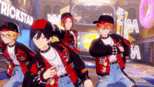 a group of anime characters standing in front of a trickstar sign