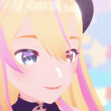a close up of a girl 's face with blonde hair and pink highlights