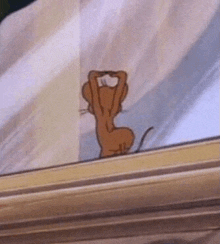 a cartoon mouse is standing on a window sill and looking out the window .