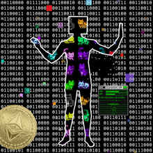 a drawing of a person surrounded by binary code