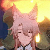 a girl with long pink hair and fox ears is smiling .