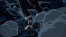 a cartoon character is surrounded by rocks and foam