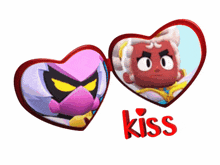 two hearts with cartoon characters and the word kiss below them