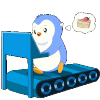 a penguin is on a treadmill with a thought bubble of a cake
