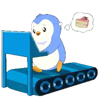 a penguin is on a treadmill with a thought bubble of a cake