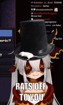 a girl with a mouse on her top hat says rats off toyou