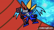 a cartoon character is holding a stick and says " me " in the corner