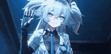 a girl with white hair and blue eyes is wearing a white coat and tie .