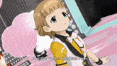 a little girl in a yellow and black outfit is dancing