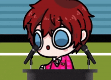 a cartoon character with red hair is standing at a podium with two microphones in front of him