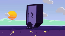 a cartoon drawing of a man carrying a purple object