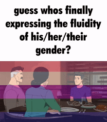 a cartoon of three people sitting at a table with the caption guess whos finally