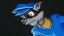 a cartoon of a raccoon wearing a blue hat and a yellow shirt .