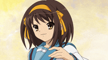 a brown haired anime girl with a yellow headband