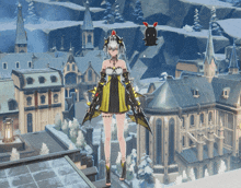 a girl in a yellow dress is standing in front of a snowy castle