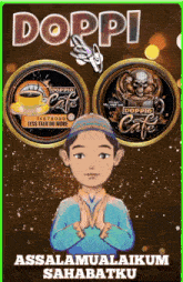 a poster for doppio cafe shows a man praying