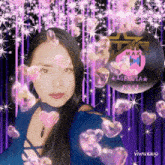 a woman in a blue top is surrounded by pink hearts and a record label that says agency