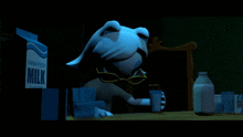 a box of farm fresh milk sits next to a cartoon character