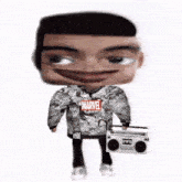a man wearing a marvel sweatshirt is holding a boombox .