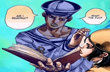 a cartoon of a man reading a book with a speech bubble that says am i reading what the fuck