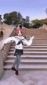 a picture of a girl standing on a set of stairs with the words " viggle.ai " in the corner