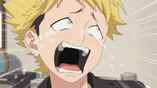 a cartoon character with yellow hair is crying with tears coming out of his eyes