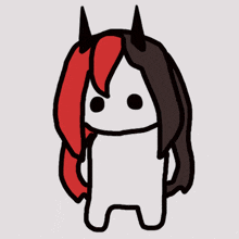 a drawing of a person with red hair and black horns