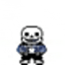 a pixel art drawing of sans from undertale wearing a blue jacket and black pants .