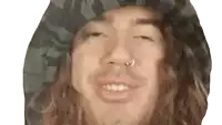 a man with long hair and a nose ring is wearing a hooded hat