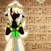 a cartoon character is standing in front of a wall of writing .