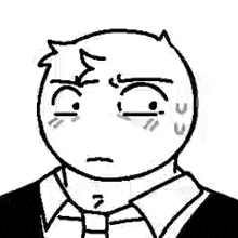 a black and white drawing of a man in a suit and tie with a sad face .