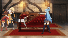 a group of anime characters are playing with a man on a red couch