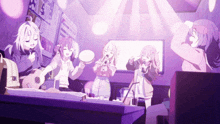 a group of anime girls are singing and playing instruments