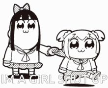 a black and white drawing of a girl holding another girl 's hand with the words ima girl shut up below them