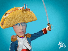 a person with a taco on top of their head and a sword