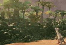 a cartoon of a dinosaur walking through a jungle