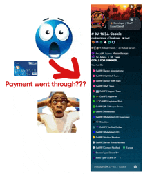 a blue smiley face with a visa card next to a man with his hands on his head