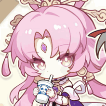 a cartoon girl with pink hair is drinking from a cup with a straw that has the letter c on it