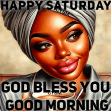 a cartoon of a woman holding a cup of coffee with the words happy saturday god bless you good morning