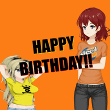 two anime girls are standing next to each other with the words happy birthday