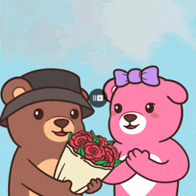 a brown teddy bear is giving a pink teddy bear a bouquet of flowers