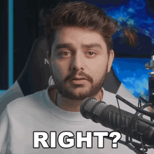 a man with a beard stands in front of a microphone saying right