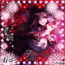 a picture of a girl holding a fan with a dice and fireworks in the background