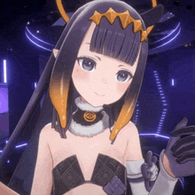 a close up of a cartoon character with horns and a crown on her head