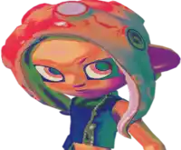 a cartoon character wearing a hat with a purple circle on it