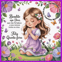 a girl in a purple dress is praying in a garden