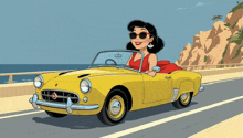 a cartoon of a woman in a yellow car