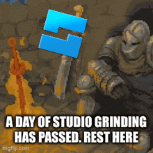 a pixel art of a knight holding a sword and a sign that says a day of studio grinding
