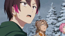 a group of anime characters standing in the snow