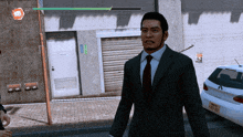 a man in a suit and tie walks down a street in front of a white car with a license plate that says ad xs
